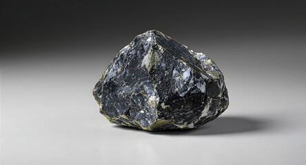 Raw rare earth ore chunk on neutral background with metallic texture