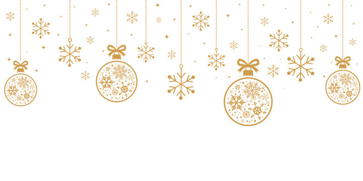 Elegant Christmas header or banner border featuring hanging golden/bronze baubles and snowflakes. The ornaments are intricately patterned with snowflakes, isolated on a white background, leaving a lar