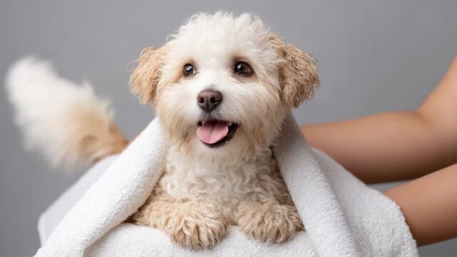 Adorable Small Dog Wrapped in a Soft White Towel with Happy Expression and Bright Eyes 4k video footage