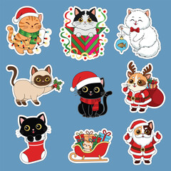 Sticker set. Cute Christmas cats. Vector illustration.