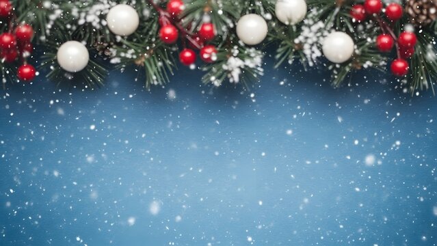 Festive christmas garland with red berries and white ornaments on blue background