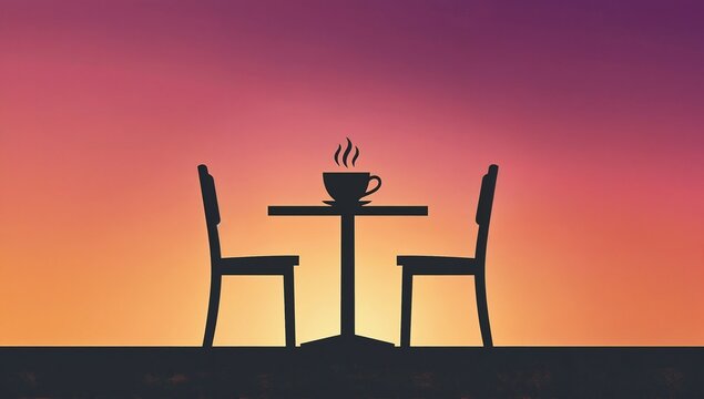 A small city café silhouette—table, chair, and cup—rendered in bold monochrome against a warm, glowing gradient. Suggests the simplicity of daily routines.
