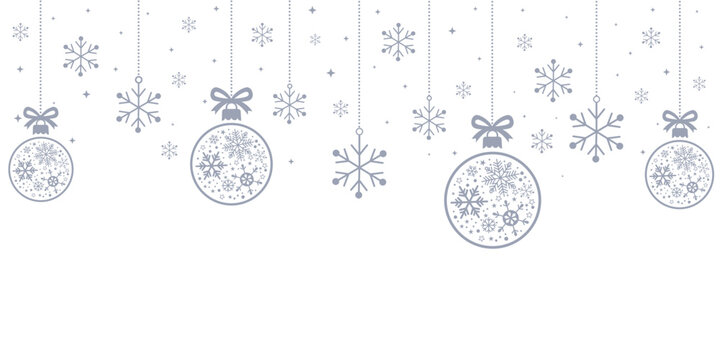 Elegant Christmas header or banner border featuring hanging blue/bronze baubles and snowflakes. The ornaments are intricately patterned with snowflakes, isolated on a white background, leaving a lar