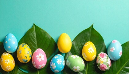 colorful Easter eggs with floral and polka dot patterns arranged on green leaves against turquoise background