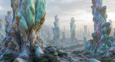 Ethereal forest of towering mineral formations shrouded in mist with soft ambient light and intricate textures