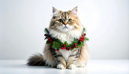 Adorable fluffy cat wearing a festive Christmas wreath, perfect for holiday greetings and heartwarming seasonal content, pure joy and adorable charm