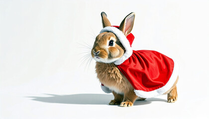 Adorable bunny wears Santa outfit ready for Christmas holiday fun, festive cheer, adding joy to your seasonal designs, perfect for holiday cards and marketing