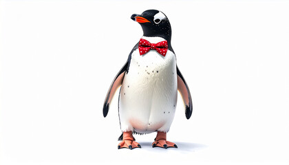 Obraz premium Adorable penguin wearing a red polka dot bow tie standing proudly on a white background, ready for a party or a formal event looking dapper and cute