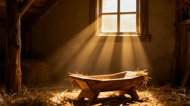 Wooden manger with straw in a rustic stable illuminated by bright light rays from a window. Empty crib for the Nativity of Jesus. Christmas and religious concept
