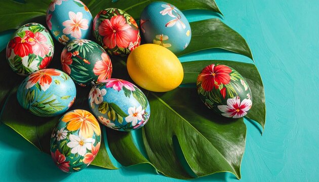 colorful Easter eggs with floral and polka dot patterns arranged on green leaves against turquoise background