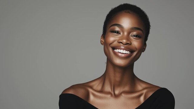 Beautiful young Black woman with genuine smile and self-assured expression looking directly at viewer in clean studio portrait against simple gray background.