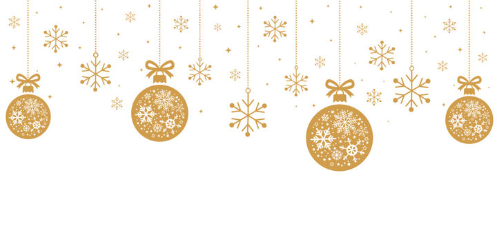 Elegant Christmas header or banner border featuring hanging golden/bronze baubles and snowflakes. The ornaments are intricately patterned with snowflakes, isolated on a white background, leaving a lar