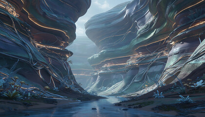 Bioluminescent rare earth mineral canyon glowing with metallic veins