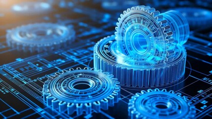 Abstract 3D illustration of transparent blue gears on a digital engineering blueprint background, symbolizing innovation, technology, industry, and advanced mechanical design. - Powered by Adobe