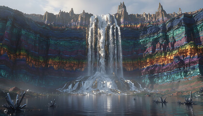 A rare earth mineral cliff with a waterfall of liquid metallic minerals