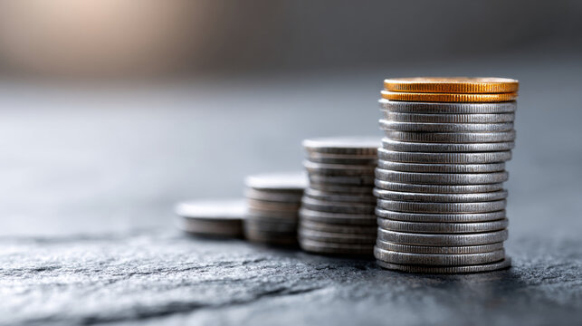 Stacked coins arranged in ascending order on a textured surface symbolizing financial growth and investment concepts with selective focus and blurred background