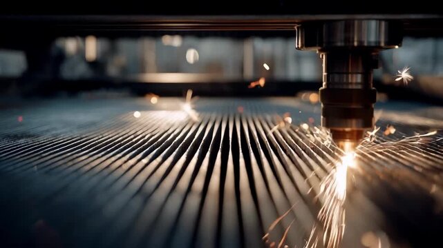 Closeup medium shot of laser engraving process on a metal surface outdoors with bright sunlight highlighting the precise cutting details.