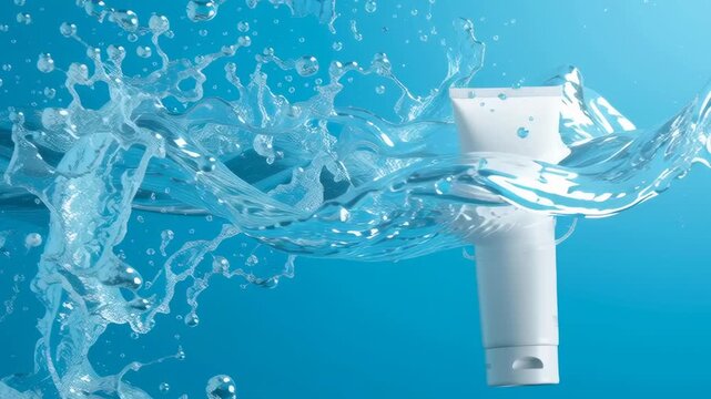 A tube of toothpaste is floating in a wave of water. The tube is white and the water is blue