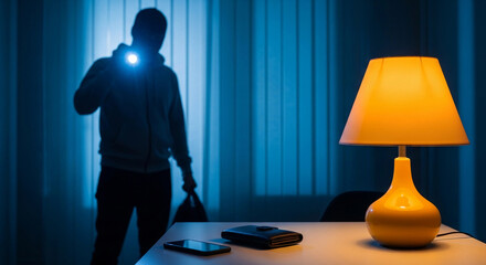 Burglar in black mask with flashlight entering a room with yellow lamp wants to steal a smartphone and wallet from the table