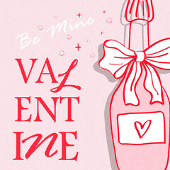 Valentines Day Greeting Card Set. Hand Drawn Illustration of a champagne bottle with a large bow, playful bubbles, and bold pink lettering. For invitations, social networks, print, packaging, cover 