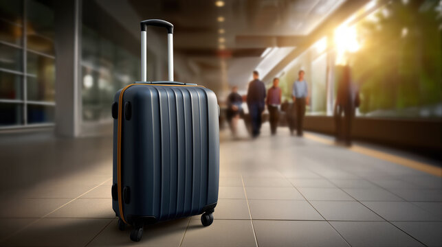 Travel suitcase in airport hall concept of business trip vacation journey and tourism mobility