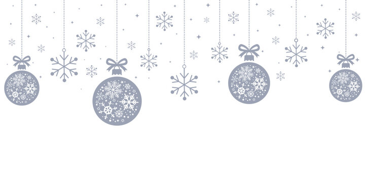 Elegant Christmas header or banner border featuring hanging blue/bronze baubles and snowflakes. The ornaments are intricately patterned with snowflakes, isolated on a white background, leaving a lar
