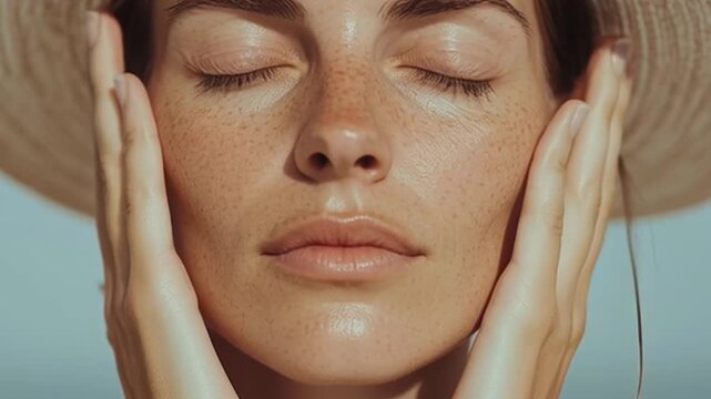woman in her 30s or 40s applies sunscreen to her face by the sea, emphasizing sun protection and skincare.
