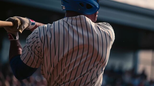 A baseball player swings a bat at a ball. The scene is set in a stadium with a crowd watching