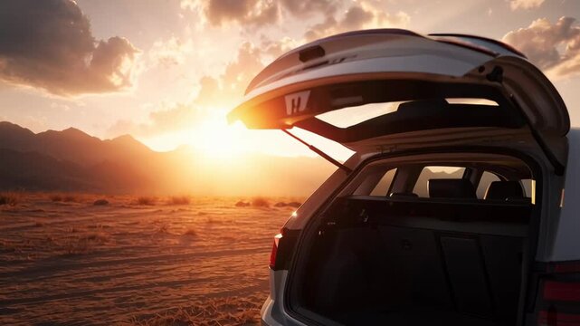 A white car is parked in the desert with the sun setting behind it. The car is open and the trunk is down