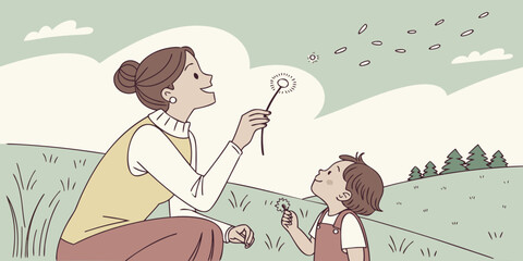 Obraz premium Mother and child blowing dandelions with pastel breeze