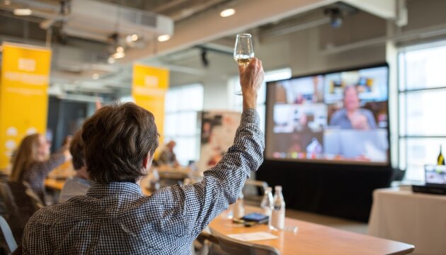 Attendee raising a glass in celebration during a virtual event, with a large screen displaying participants and a bright, modern conference setting - Powered by Adobe