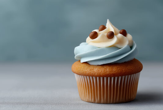 Cupcake with blue cream frosting sweet dessert food photography for cafe menu and bakery advertising