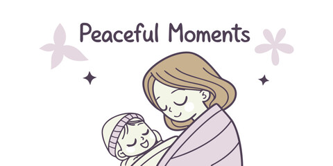 Obraz premium Peaceful Moments – Minimalist Line Art of Mom and Baby Wrapped in Blanket in Heartwarming Family Scene