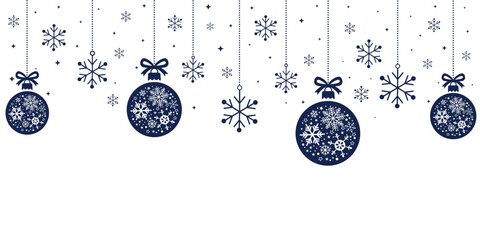 Elegant Christmas header or banner border featuring hanging dark blue/bronze baubles and snowflakes. The ornaments are intricately patterned with snowflakes.