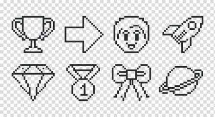 Fototapeta premium Outlines of pixel art game assets on transparent background