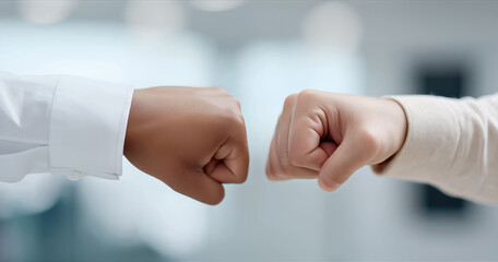 Fist bump between diverse hands teamwork partnership and support concept for business and social unity