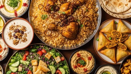 Delicious Eid feast with chicken rice, samosas, dips, salads, hummus and warm bread arranged on a vibrant table, inviting family and friends to share an abundant festive meal together

