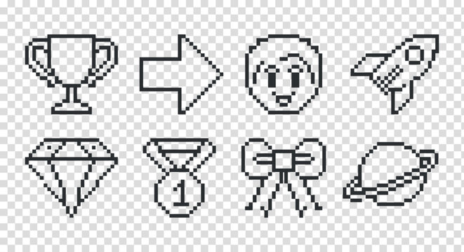 Outlines of pixel art game assets on transparent background