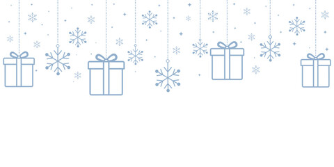 Minimal blue line art Christmas background with hanging gift boxes, snowflakes and stars on white space. Elegant festive holiday banner, perfect for greeting cards, invitations and seasonal promotions