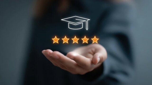 Hand Reaching with Graduation Cap and Five Star Ratings Symbolizing Educational Achievement and Success in Modern Learning Environment 4k video footage