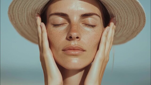 woman in her 30s or 40s applies sunscreen to her face by the sea, emphasizing sun protection and skincare.
