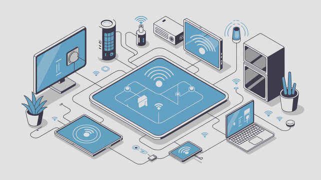 Connected smart home devices and technology network illustration in isometric perspective with wi fi symbols