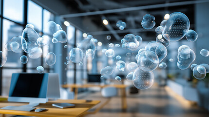 An office where floating translucent text bubbles misfire like telepathic messages, confused employees reacting, modern workspace, sharp details, surreal realism, blurred background, with copy space