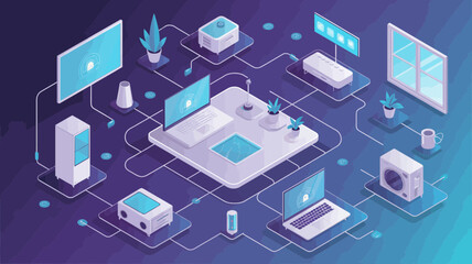Connected smart home devices and technology network with isometric illustration and futuristic interface elements
