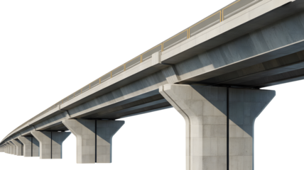 Long perspective of a modern concrete elevated railway or road viaduct on transparent background.