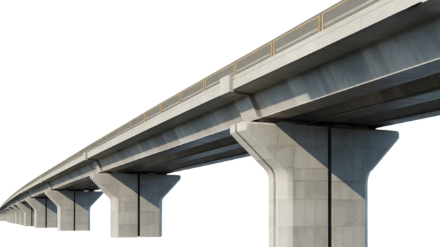 Long perspective of a modern concrete elevated railway or road viaduct on transparent background. - Powered by Adobe