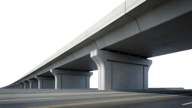 Modern elevated concrete highway structure and road underneath, representing urban infrastructure.