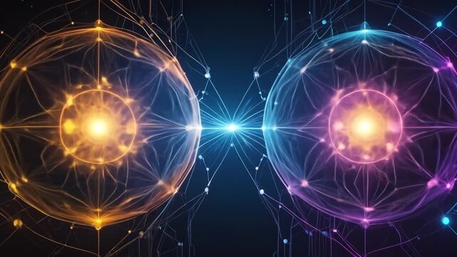 Quantum entanglement visualization of interconnected particles and energy.