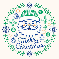 Cute Santa Christmas greeting card. Cute vector icon of santa with christmas gift .Cute cartoon character. Vector illustration. with a cute Santa Claus, a christmas tree, presents and ornaments.
