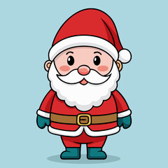 Cute Santa Christmas greeting card. Cute vector icon of santa with christmas gift .Cute cartoon character. Vector illustration. with a cute Santa Claus, a christmas tree, presents and ornaments.
